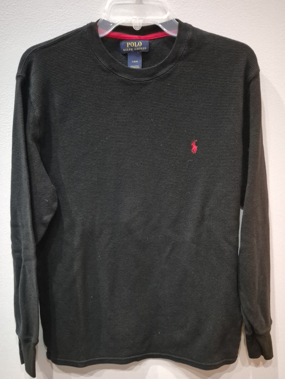 Ralph Lauren Polo Shirt Black L/S Waffle Knit Thermal Crew Mens L Red Pony Basic